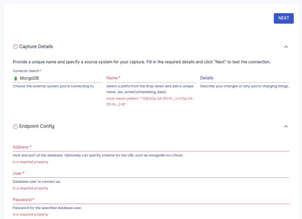 Mongodb to Postgresql - MongoDB Capture Details - Endpoint Configuration