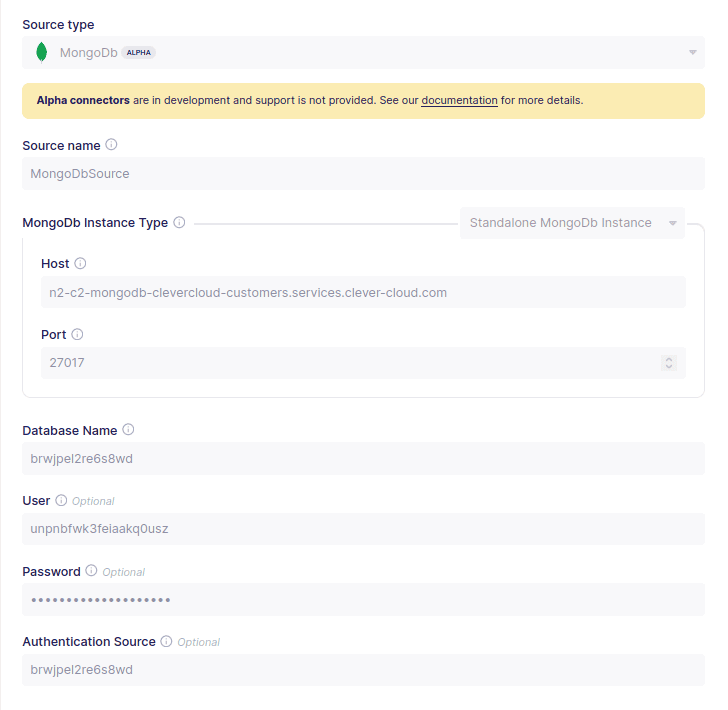 mongodb to postgresql - Airbyte Dashboard - Enter MongoDB Source Details