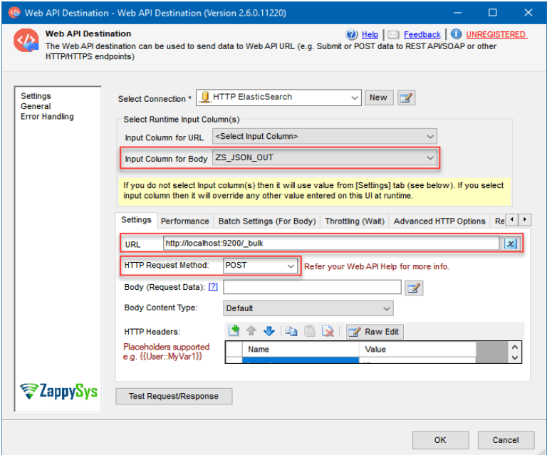 SQL Server to elasticsearch - web API destination page