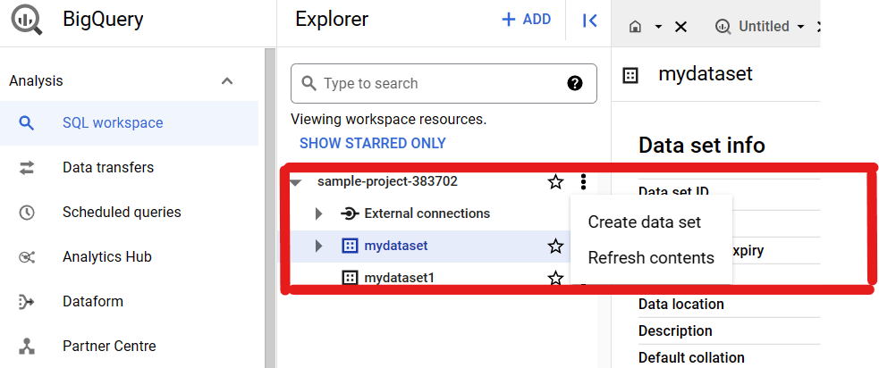 BigQuery UI create data set option