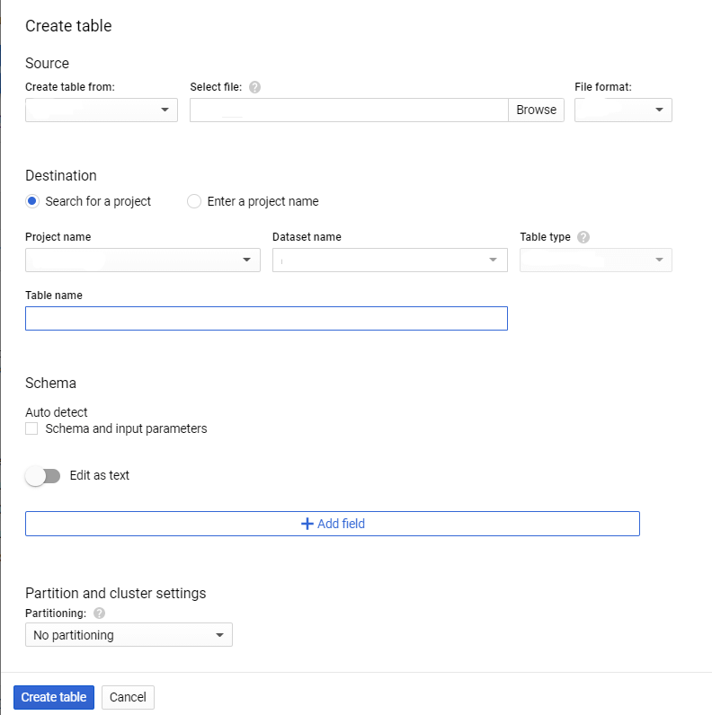 Firesbase to bigquery - create table