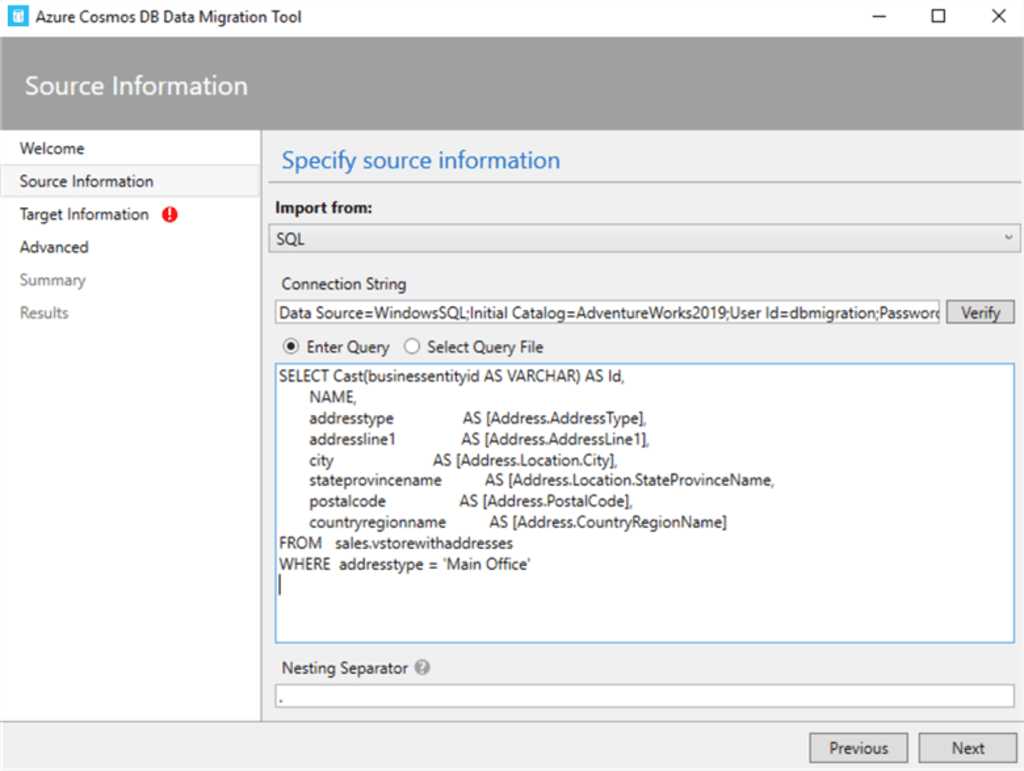 SQL Server to CosmosDB - Source Config