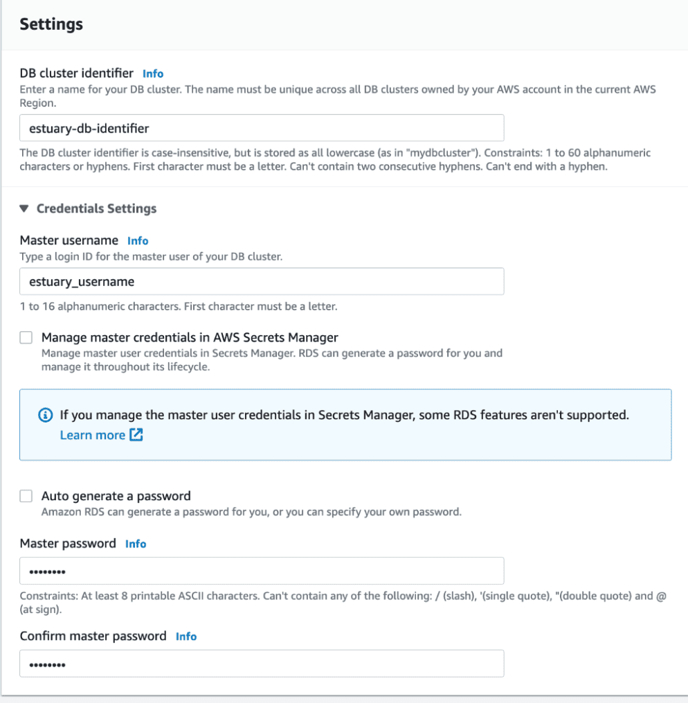 Postgres to Snowflake - Configure an AWS RDS for the Postgres Instance - DB cluster identifier - Credential Settings 