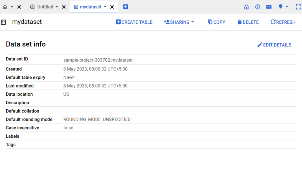 BigQuery create table in dataset