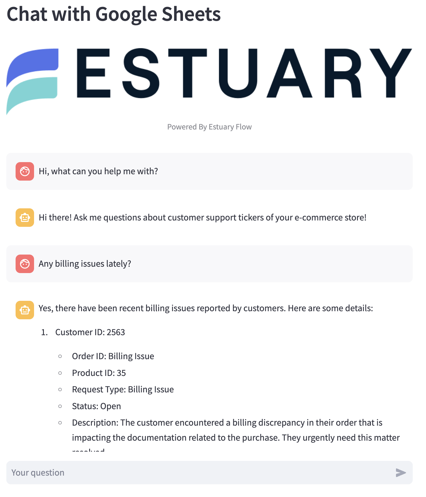 Estuary-powered customer support chat interface with Google Sheets for tracking billing issues