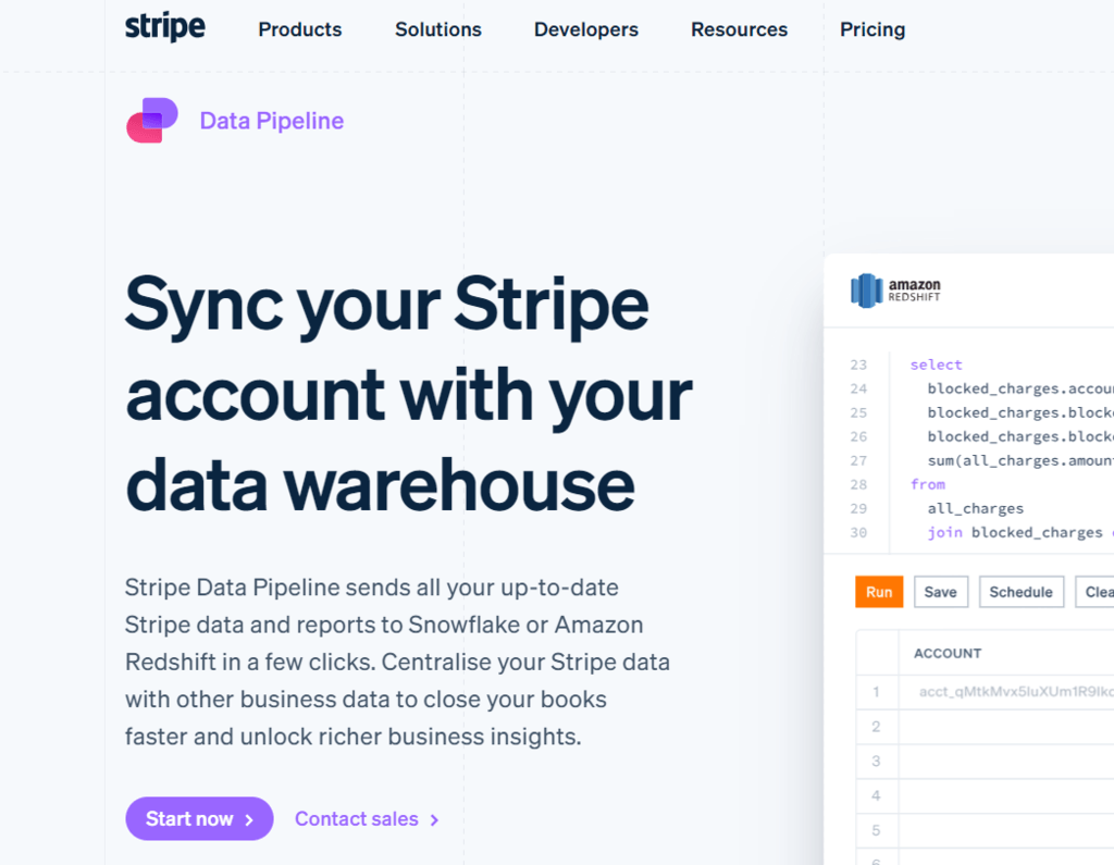 Stripe to Snowflake integration via Stripe UI