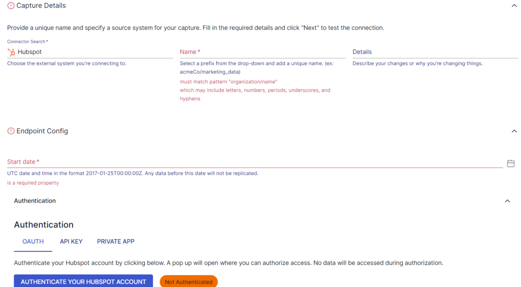 Hubspot to Snowflake - Capture Details - Endpoint Configuration